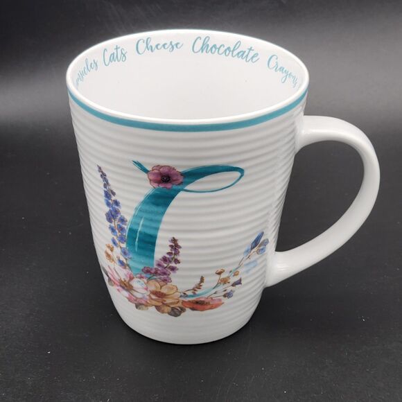 Lisa Audit Letter "C" Mug Cup Ribbed Floral Words Cotton Candy Chocolate Cats - Picture 1 of 8
